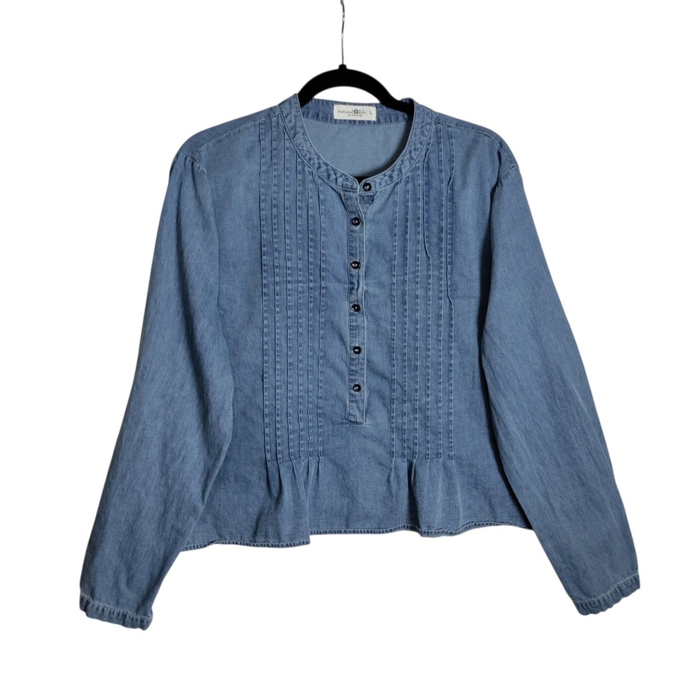 Natural Life Blue Cotton Pintuck Peplum Band Collar Long Sleeve Top Large